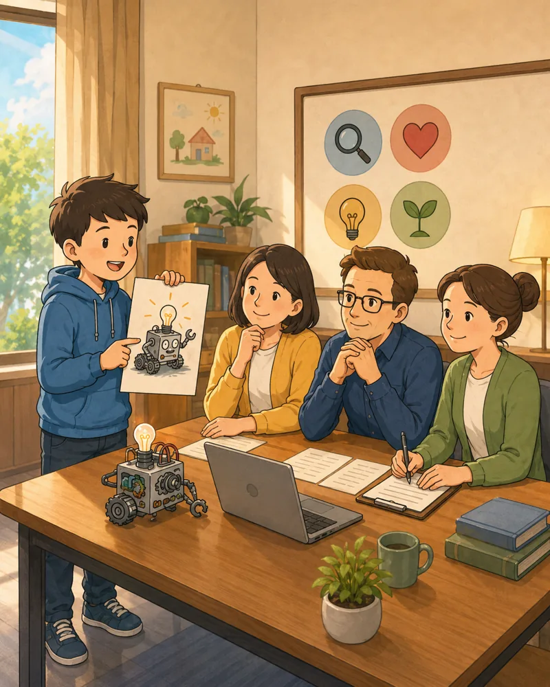 录取制 · 孩子向家庭与评委展示作品，墙上是创造者人格特质