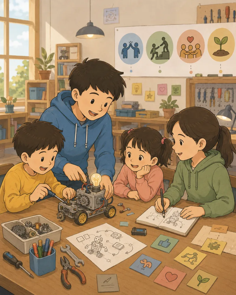 混龄制 · 大孩子带小孩子一起搭建，自然协作
